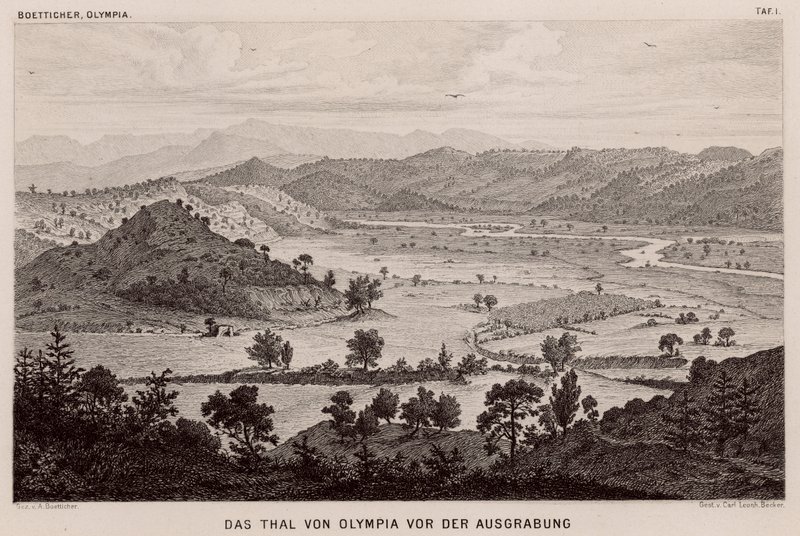Vale do Olympia, Grécia, antes das escavações arqueológicas (gravura) de German School