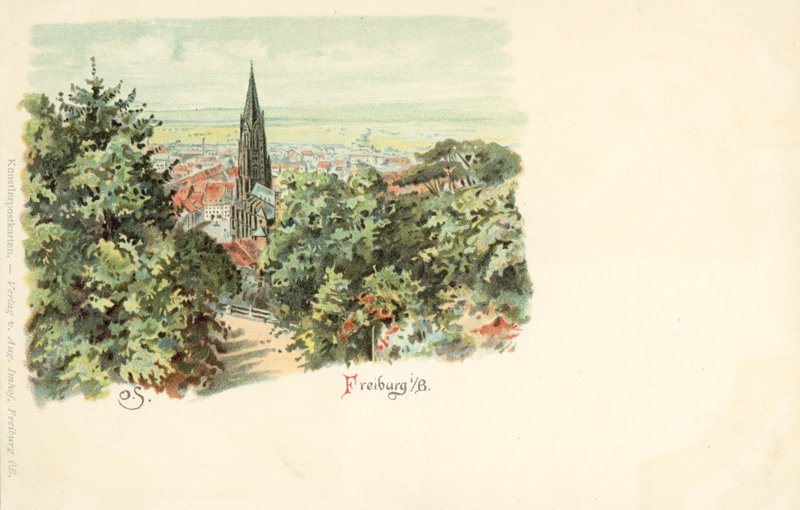 Vista da cidade de Friburgo, Alemanha, com a sua catedral (chromolitho) de German School