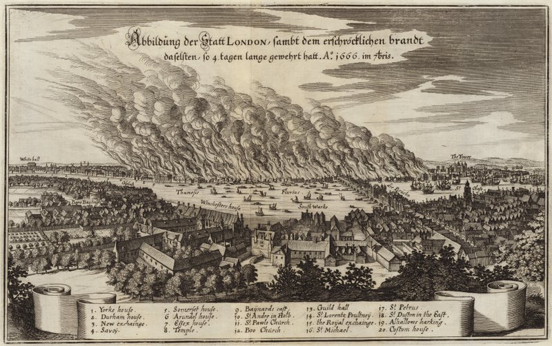 Vista da cidade de Londres e o fogo horripilante que ardeu durante quatro dias de German School