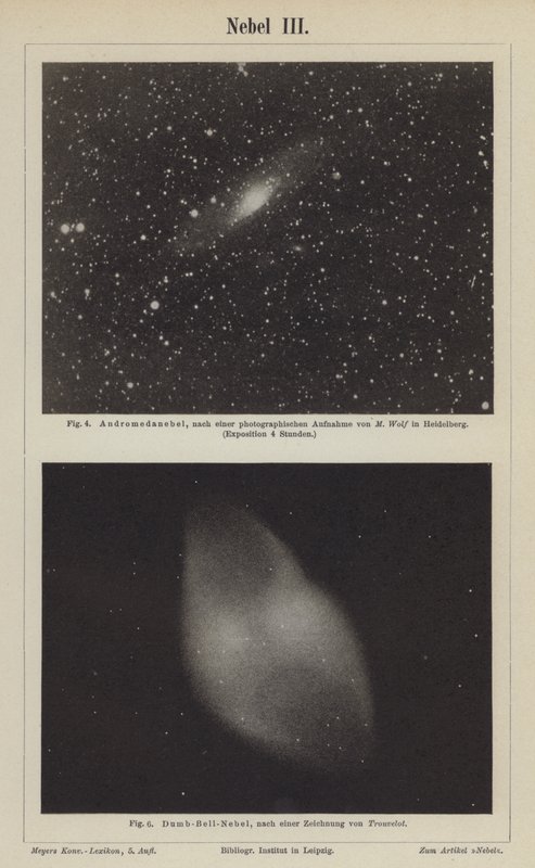 Vistas da Nebulosa de Andrómeda e da Nebulosa de Dumbbell (gravura) de German School
