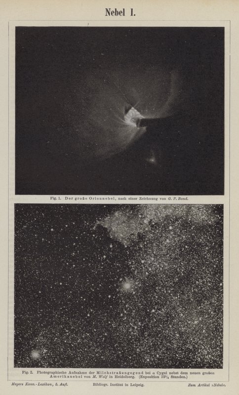 Vistas da Nebulosa de Orion e da Via Láctea na área de Deneb (gravura) de German School
