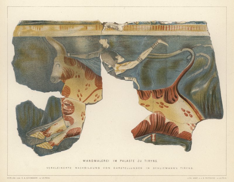 Pintura de parede do palácio de Micenas em Tiryns, Grécia, escavada pelo arqueólogo alemão Heinrich Schliemann (cor litho) de German School