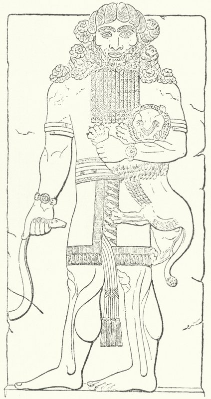 Relevo de Gilgamesh das ruínas de Dur-Sharrukin, capital dos Assírios na época do Rei Sargão II (gravura) de German School