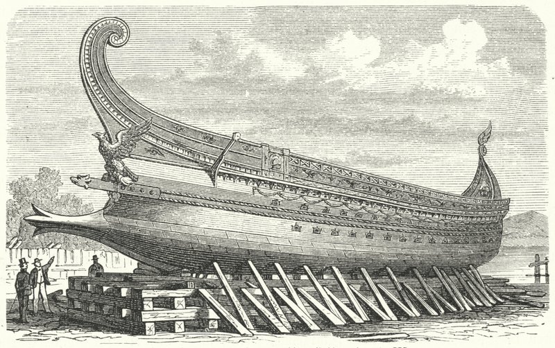 Navio de guerra desenhado por Napoleão III da França com base num trireme romano antigo (gravura) de German School