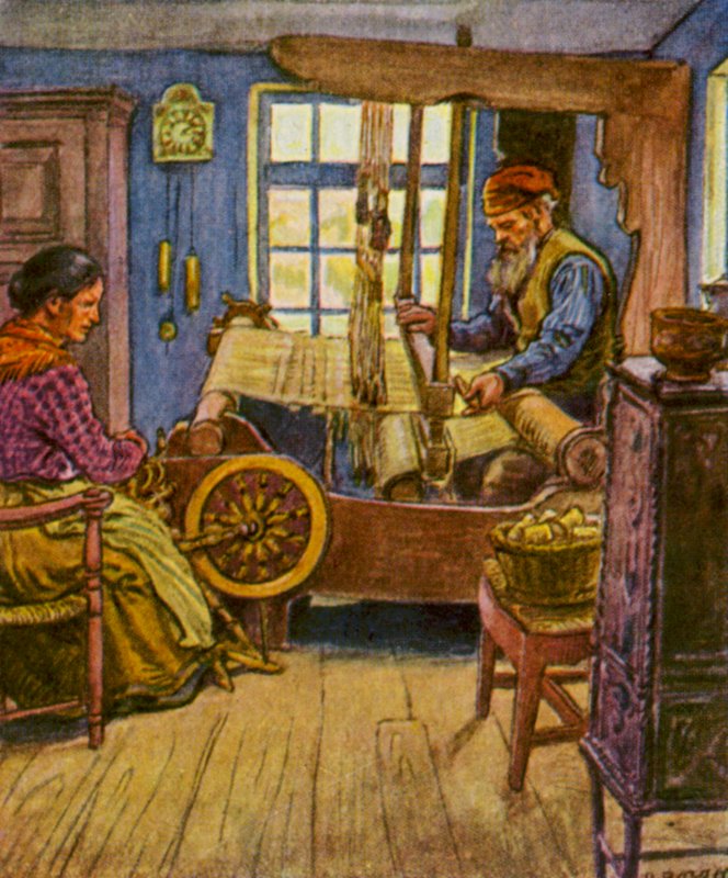 Weberstube / Sala de tecelagem (litografia a cores) de German School