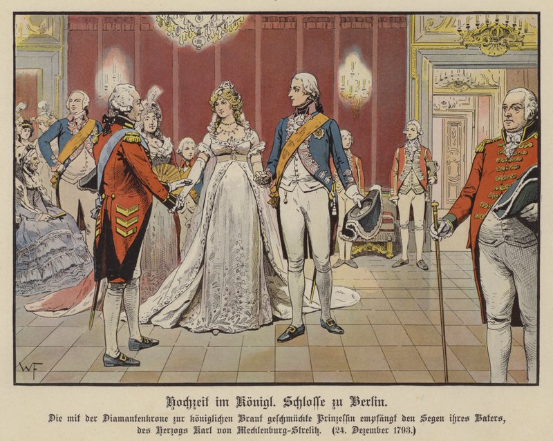 Casamento do príncipe herdeiro Frederick William da Prússia e da princesa Louise de Mecklenburg-Strelitz no Palácio Real, Berlim, 24 de Dezembro de 1793 (cor litho) de German School