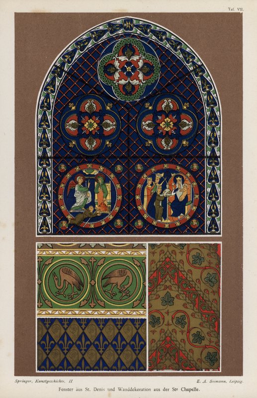 Janela da Basílica de St Denis e decoração da parede de Sainte-Chapelle, Paris, França (cor litho) de German School