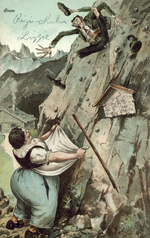 Mulher que apanha homem a cair da montanha (cor litho) de German School
