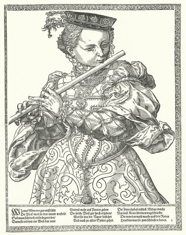 Mulher tocando flauta (gravura) de German School