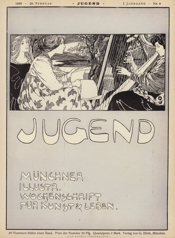 Mulher tocando harpa (litho) de German School