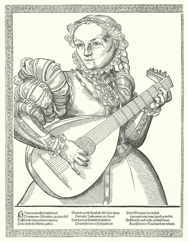 Mulher tocando alaúde (gravura) de German School