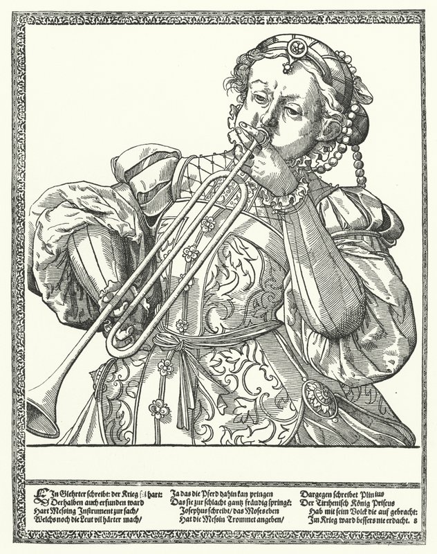 Mulher tocando trombone ou sackbone (gravura) de German School