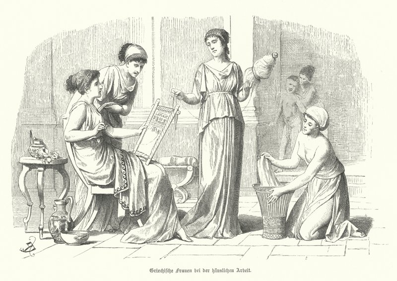 Mulheres a fazer as tarefas domésticas na Grécia Antiga (gravura) de German School