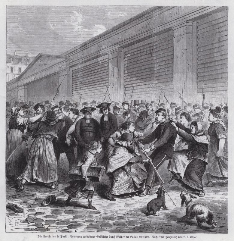 Mulheres do mercado de Les Halles libertando membros do clero do cativeiro, Comuna de Paris de German School