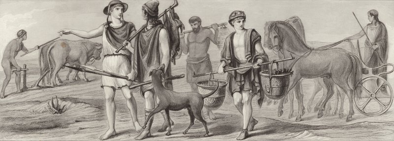 Trabalho e profissões na Grécia Antiga. Ilustração para Bilder-Atlas (gravura) de German School