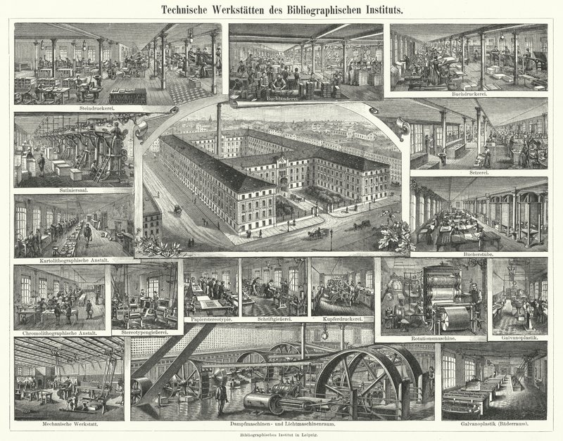 Workshops do Instituto Bibliographisches, Leipzig, Alemanha (gravura) de German School