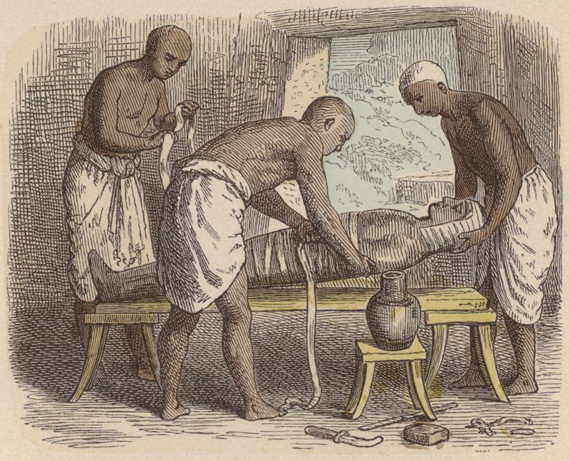Envolver uma múmia no Antigo Egipto (gravura colorida) de German School