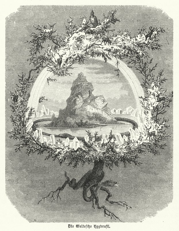 Yggdrasil, freixo mítico da cosmologia nórdica (gravura) de German School
