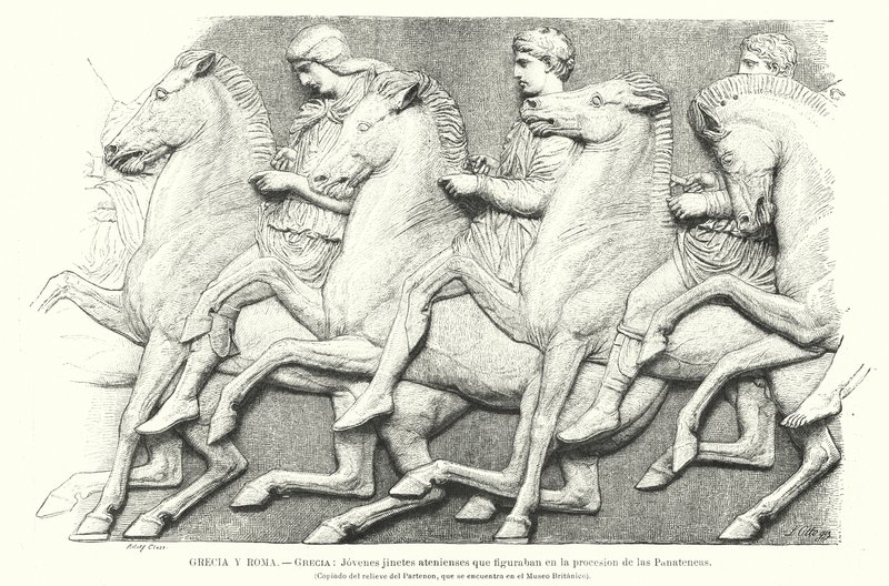 Jovens cavaleiros atenienses, cópia de parte do Parthenon Frieze de Atenas, Grécia antiga (litho) de German School