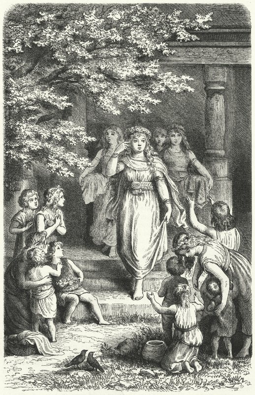 Jovens mulheres alemãs usando coroas para celebrar o festival de Eostre (Ostara) (gravura) de German School