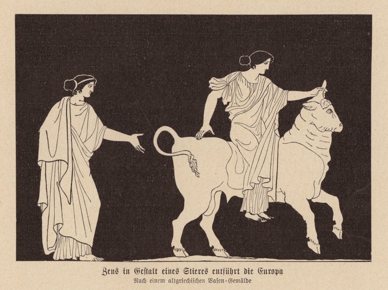 Zeus, sob a forma de um touro, raptando Europa (litografia) de German School