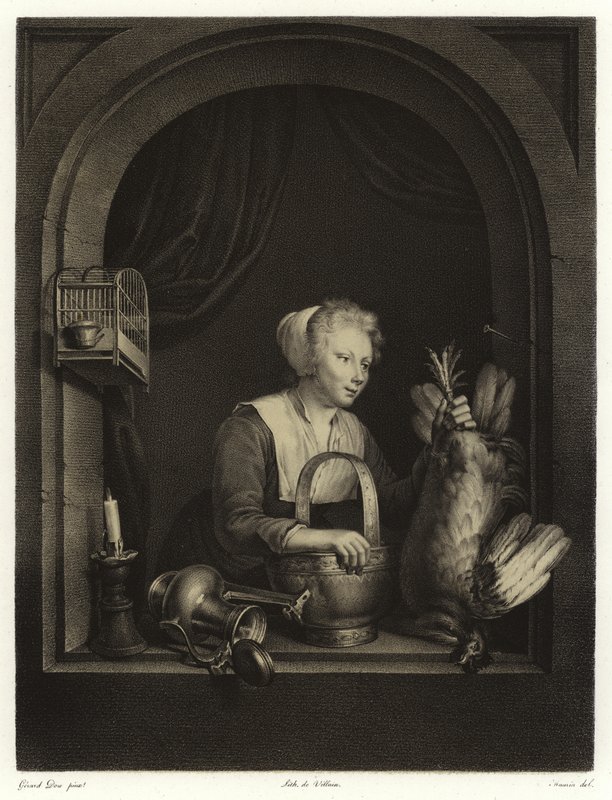 Um, mulher, pendurando, um, fowl de Gerrit Dou