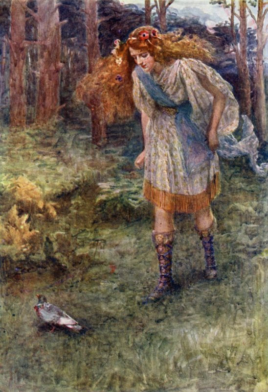 "E sempre que ela se aproximava um pouco da pomba, atirava-se um pouco para a frente" (cor litho) de Gertrude E. Demain (after) Hammond