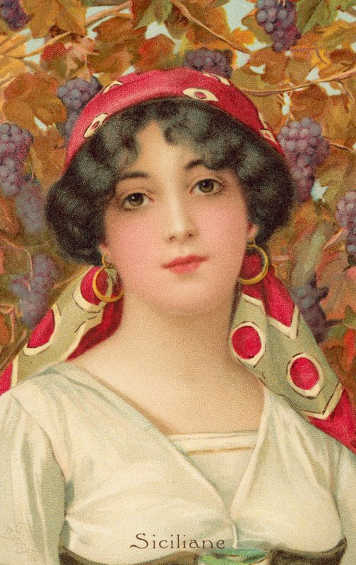 Retrato de uma mulher siciliana com uma videira (lito a cores) de Giovanni Barbaro