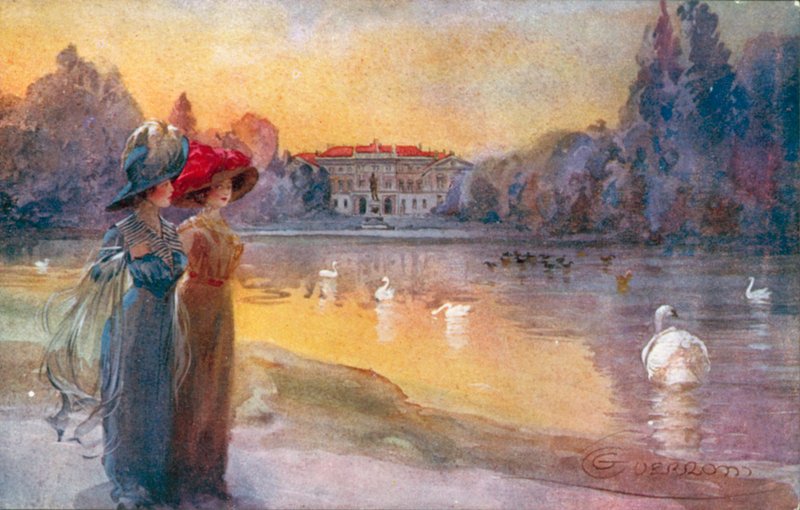 Milão / Milão: Jardins públicos e Villa Reale (litografia a cores) de Giovanni Guerzoni