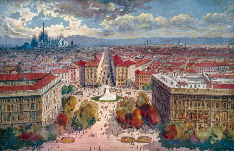 Milão / Milan: Panorama from the Castle (litografia a cores) de Giovanni Guerzoni