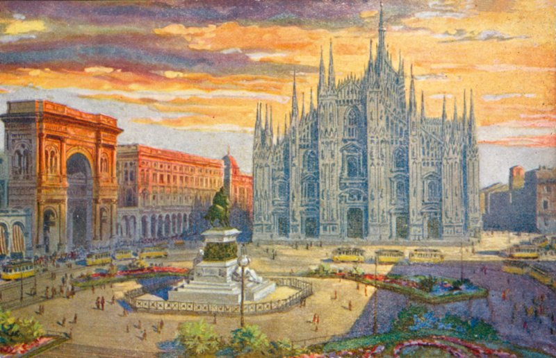 Milano / Milão: Piazza del Duomo (litografia a cores) de Giovanni Guerzoni