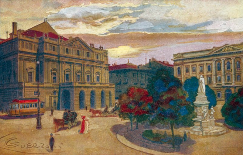 Milano / Milão: Piazza e Teatro della Scala (litografia a cores) de Giovanni Guerzoni