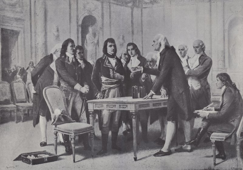 Alessandro Volta demonstrando sua bateria para Napoleão, primeiro cônsul da França, 1801 de Giuseppe Bertini