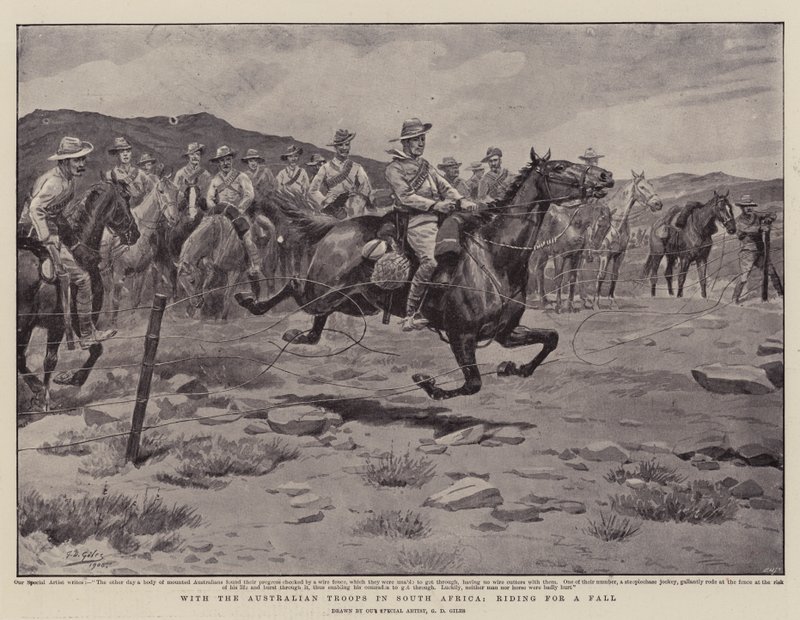 Com as tropas australianas na África do Sul, cavalgando por uma queda de Godfrey Douglas Giles