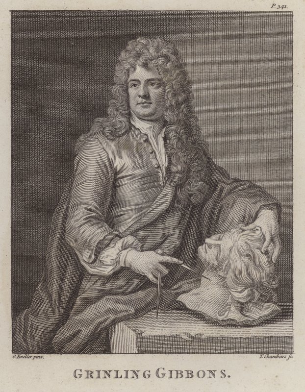 Grinling Gibbons, escultor e escultor inglês de madeira (gravura) de Godfrey (after) Kneller