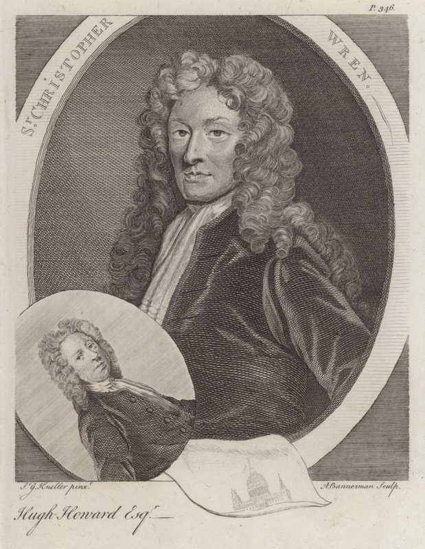 Sir Christopher Wren, arquitecto inglês, e Hugh Howard, artista e coleccionador inglês (gravura) de Godfrey (after) Kneller
