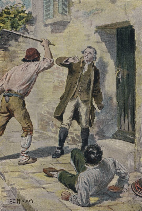 John Lombe atacado por italianos durante uma visita à Itália para investigar máquinas de fiar de Godfrey C. Hindley