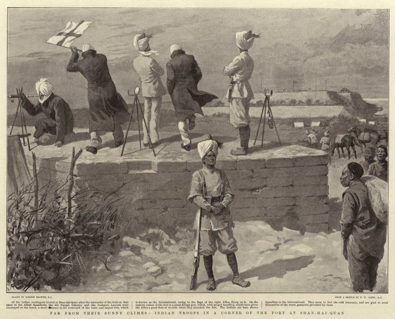 Longe de seus climas ensolarados, tropas indianas em um canto do forte em Shan-Hai-Quan de Gordon Frederick Browne
