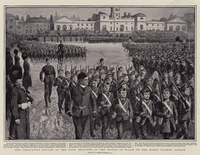 A revisão da coroação das brigadas dos meninos pelo príncipe de Gales na parada dos protetores de cavalo de Gordon Frederick Browne