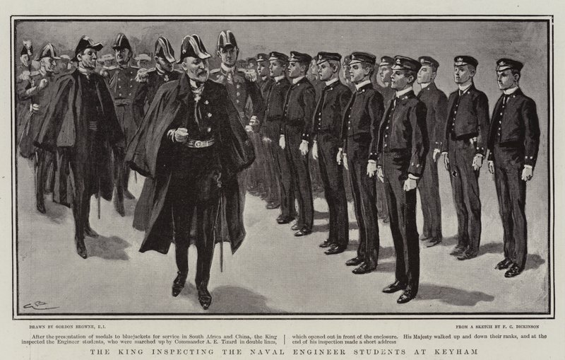 O rei inspecionando os estudantes de engenharia naval em Keyham de Gordon Frederick Browne