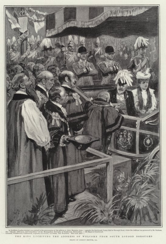 O rei recebendo o endereço de boas-vindas dos bairros de South London de Gordon Frederick Browne