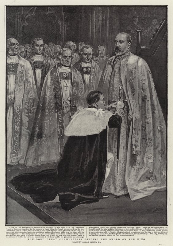 O senhor grande Chamberlain cingindo a espada no rei de Gordon Frederick Browne