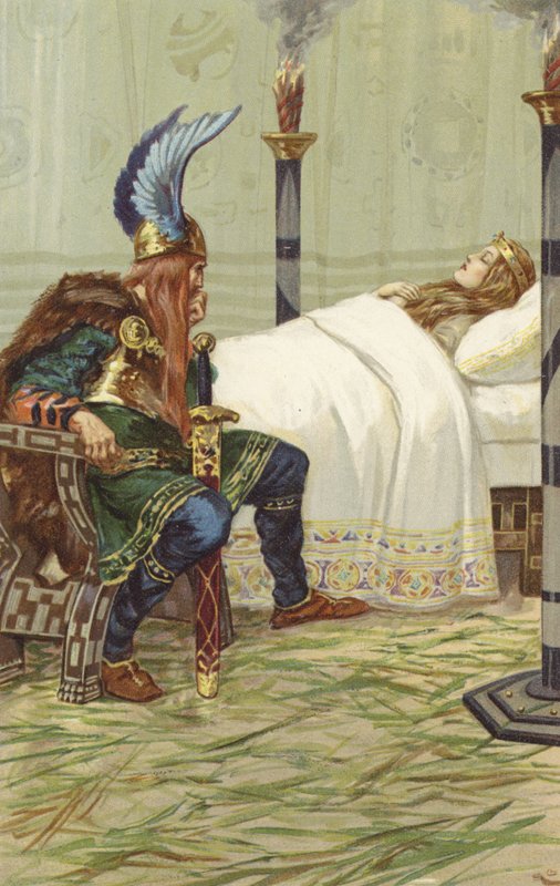 Harald sentou-se ao lado dela e observou-a (cromolitro) de Gordon Frederick Browne