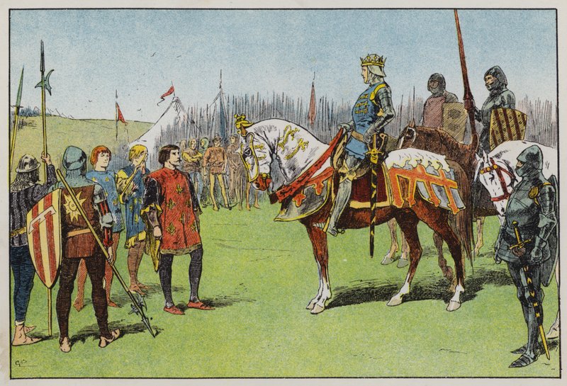 Henrique V antes da Batalha de Agincourt (cor litho) de Gordon Frederick Browne