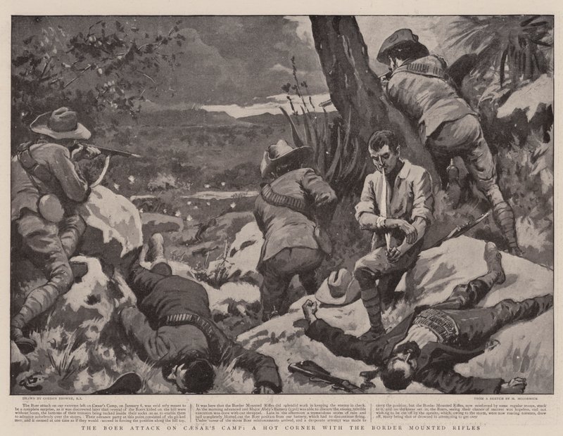O ataque dos bôeres no acampamento de César, um canto quente com os rifles montados na fronteira de Gordon Frederick Browne
