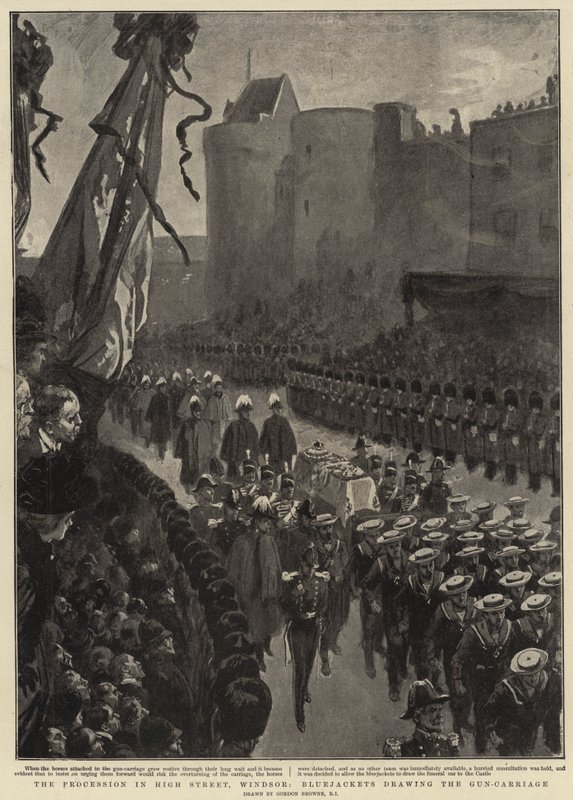A procissão em High Street, Windsor, Bluejackets, desenhando o transporte de armas de Gordon Frederick Browne