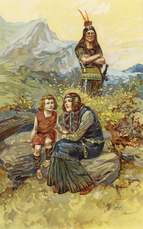 A mulher-obrigações e Olaf, seu filho, sentou-se ao sol da manhã (cromolitro) de Gordon Frederick Browne