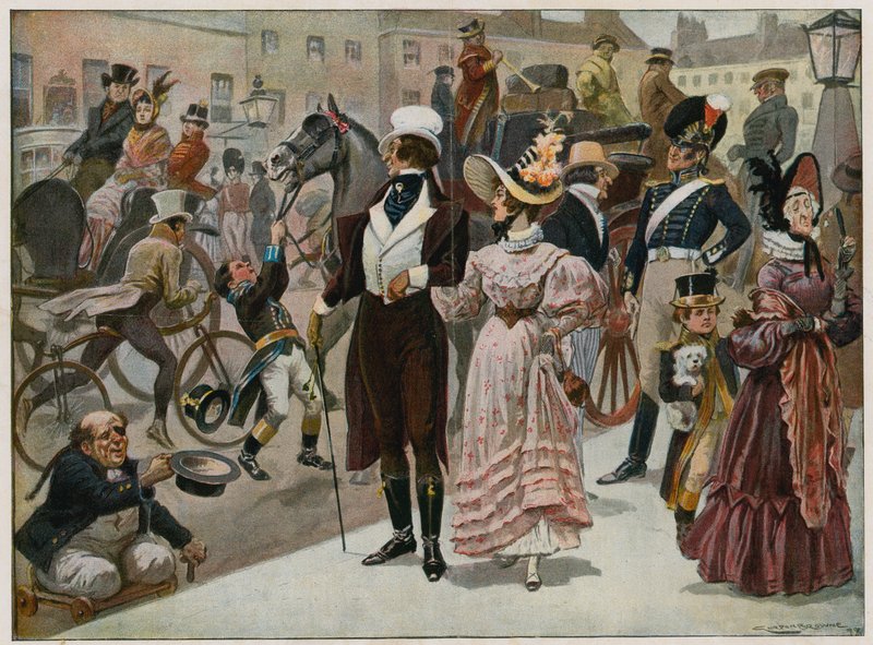 Os primeiros dias do nosso século - Piccadilly, Londres, em 1800; placa de cor de Gordon Frederick Browne