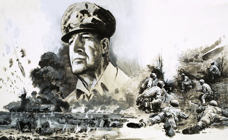 Douglas MacArthur com cenas do desembarque do Dia D de Graham Coton