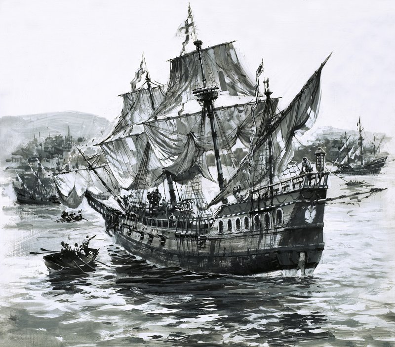 O navio de Drake, o Golden Hind, regressa a Portsmouth com imensas riquezas de Graham Coton